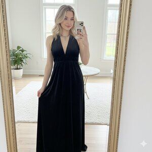 Vintage 90s low cut black velvet babydoll halter maxi dress for the Holidays